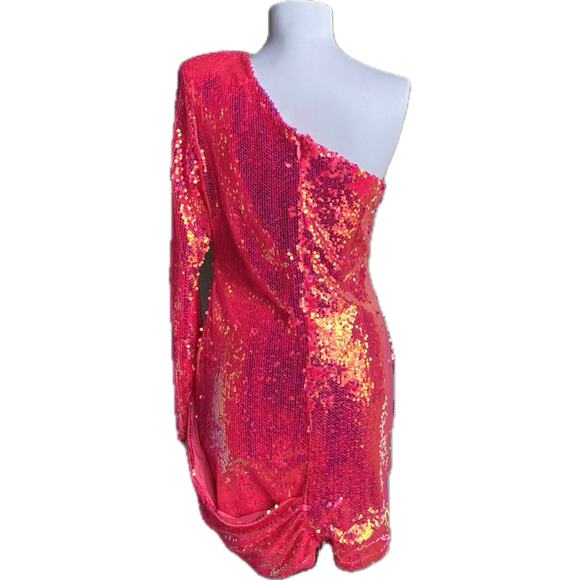 NEW Akira Maximum Sequin One Shoulder Mini Dress Sz L Iridescent Hot Pink Party - Picture 8 of 13